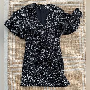 Jonathan Simkhai Black White Dot Twist Front Mini Dress 6 Lined Flutter Sleeve